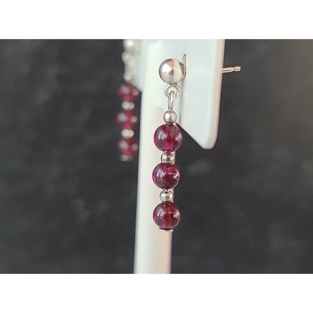 925 Sterling Silver And Garnet Beaded Dangling Pierced Earrings Vintage